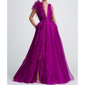 Marchesa Women's Purple Couture Plunging V Neck Silk Organza - Size 10
